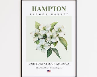 Hampton Flower Market Poster, American Dogwood Hampton Flower Print, Hampton Virginia Botanical Wall Art Decor