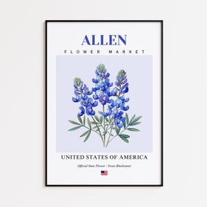 Allen Flower Market Poster, Texas Bluebonnet Allen Flower Print, Allen Texas Botanical Wall Art Decor