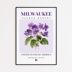 Milwaukee Flower Market Poster, Wood Violet Milwaukee Flower Print, Milwaukee Wisconsin Botanical Wall Art Decor