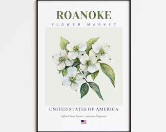 Roanoke Flower Market Poster, American Dogwood Roanoke Flower Print, Roanoke Virginia Botanical Wall Art Decor