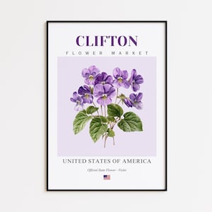 Clifton Flower Market Poster, Violet Clifton Flower Print, Clifton New Jersey Botanical Wall Art Decor