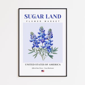 Sugar Land Flower Market Poster, Texas Bluebonnet Sugar Land Flower Print, Sugar Land Texas Botanical Wall Art Decor