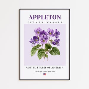 Appleton Flower Market Poster, Wood Violet Appleton Flower Print, Appleton Wisconsin Botanical Wall Art Decor