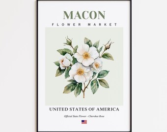 Macon Flower Market Poster, Cherokee Rose Macon Flower Print, Macon Georgia Botanical Wall Art Decor