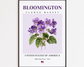 Bloomington Flower Market Poster, Violet Bloomington Flower Print, Bloomington Illinois Botanical Wall Art Decor