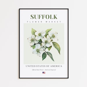 Suffolk Flower Market Poster, American Dogwood Suffolk Flower Print, Suffolk Virginia Botanical Wall Art Decor
