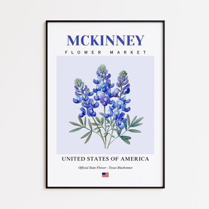 McKinney Flower Market Poster, Texas Bluebonnet McKinney Flower Print, McKinney Texas Botanical Wall Art Decor