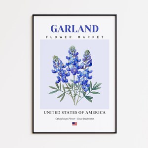 Garland Flower Market Poster, Texas Bluebonnet Garland Flower Print, Garland Texas Botanical Wall Art Decor