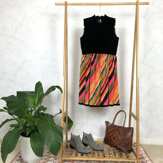 Vintage 60s Size S Rainbow Stripe Satin Velvet Moc