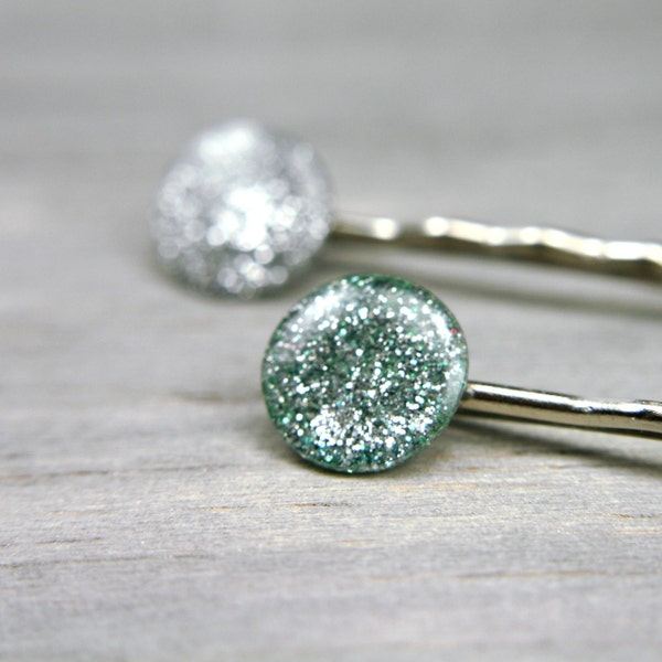 set of two sparkly blue hairpins