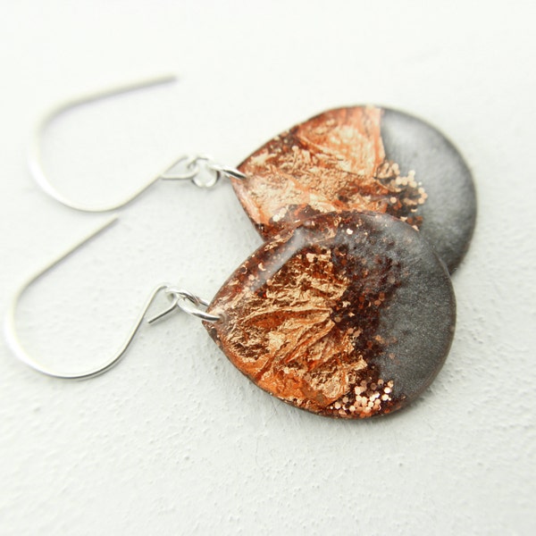 charcoal and copper drop earrings on silver filled earwires - large size, glitter earrings, copper earrings, charcoal leaf earrings