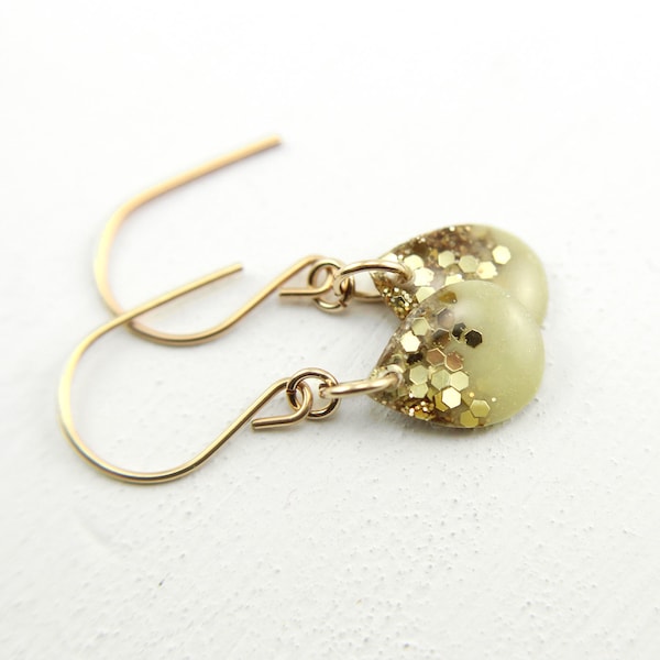 tiny seafoam teardrop earrings with gold glitter on gold earwires - gold drop earrings