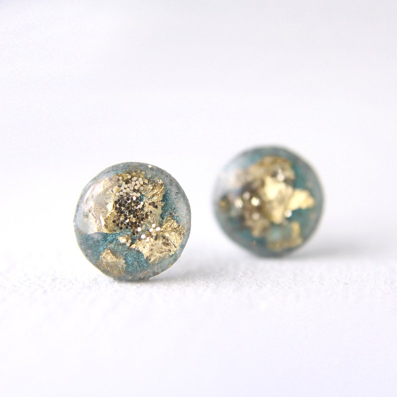 green and gold leaf and glitter post earrings, glitter earrings, post earrings, green post earrings, resin post earrings, resin earrings image 1