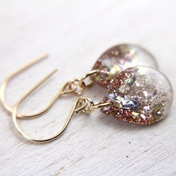 grey teardrop earrings with rose gold and gold glitter on gold earwires - silver and gold drop earrings