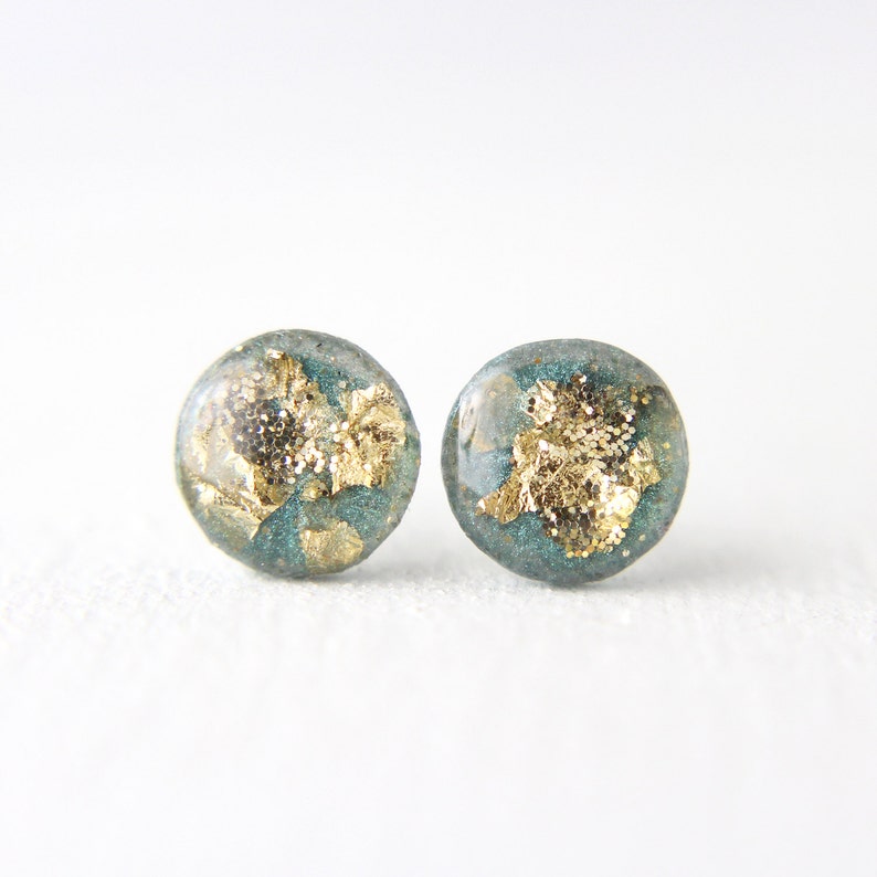 green and gold leaf and glitter post earrings, glitter earrings, post earrings, green post earrings, resin post earrings, resin earrings image 2