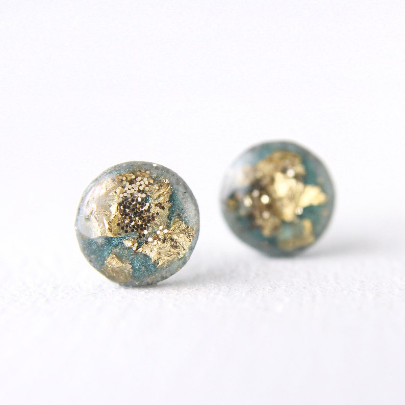 green and gold leaf and glitter post earrings, glitter earrings, post earrings, green post earrings, resin post earrings, resin earrings image 3