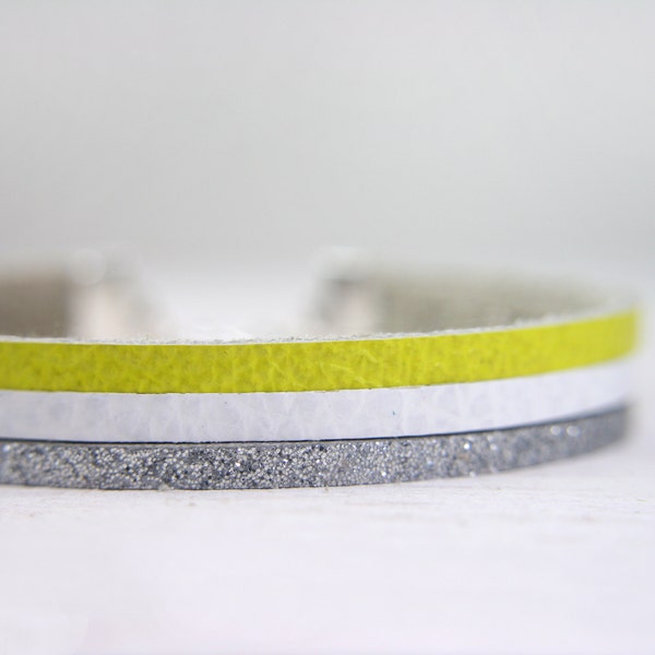 leather bracelet in neon yellow, white, and sparkly silver - glitter jewelry