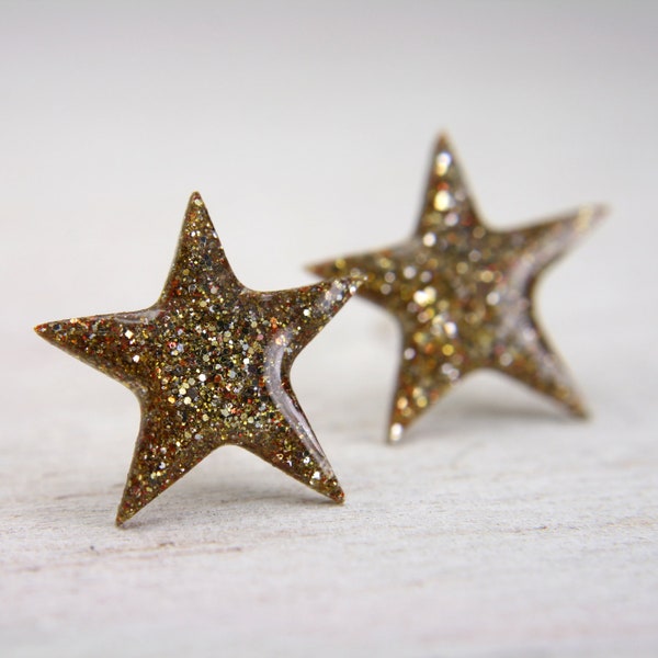 star post earrings in sparkly gold galaxy earrings glitter stud sterling silver jewelry