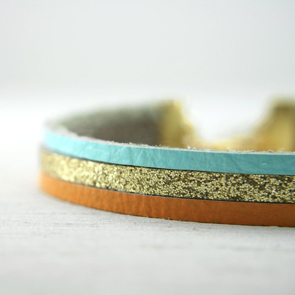 leather bracelet in orange, aqua, and glittery gold - gold bracelet jewelry