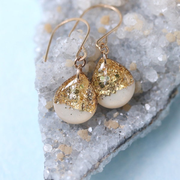 white and gold leaf teardrop earrings on 14 karat gold fill ear wires