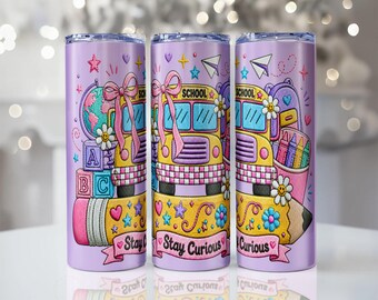 Pastel School Bus 20oz Skinny Tumbler Wrap PNG | Back to School |  Teacher Tumbler Wrap | Cute School Bus Tumbler | Instant Digital Download