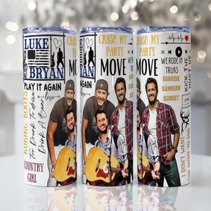 May include: Three stainless steel tumblers featuring images of Luke Bryan, with song lyrics and the American flag. The tumblers have a white background with black and blue text and images of the country singer.