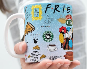 May include: A white ceramic mug with a light blue background and various illustrations and text from the TV show "Friends." The mug features the show's logo, Central Perk, and other iconic imagery.