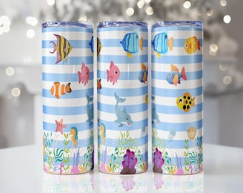 Blue Coastal Fish 20 oz Skinny Tumbler Wrap PNG | Nautical Fish Sublimation Design | Ocean Beach Tumbler Digital Download