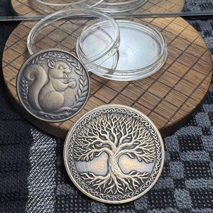May include: Two detailed metal coins, one with a squirrel holding a nut, the other with a tree of life design. Clear plastic coin protectors are also visible, all on a wooden surface.