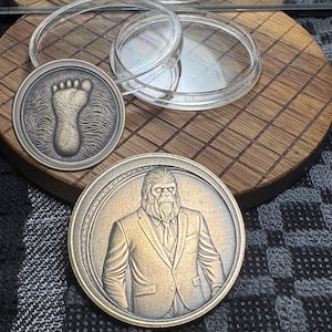 Sasquatch businessman and Bigfoot print Double sided laser, engraved, brass decision, challenge, token coin