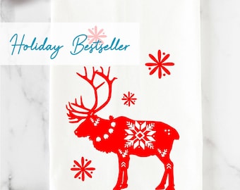 Snowy Reindeer Cotton Tea Towel | Holiday, Christmas, Winter Decor