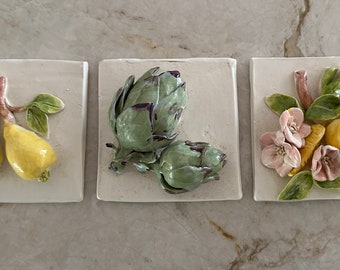 Hand sculpted backsplash tiles set of three artichoke pear and lemon 3D ceramic