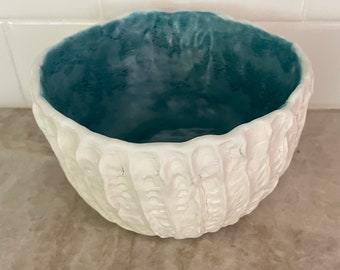 Ceramic scallop bowl turquoise interior sea inspired candle sea salt scent