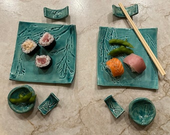 Sushi for Two Seaweed Imprinted set handmade ceramics Aquamarine Turquoise