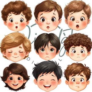 Puede incluir: Nueve ilustraciones de dibujos animados de caras de niños con diversas expresiones. Las caras tienen diferentes peinados y tonos de piel, con mejillas rosadas y ojos grandes. Las expresiones van desde la sorpresa y la alegría hasta la tristeza y la preocupación.