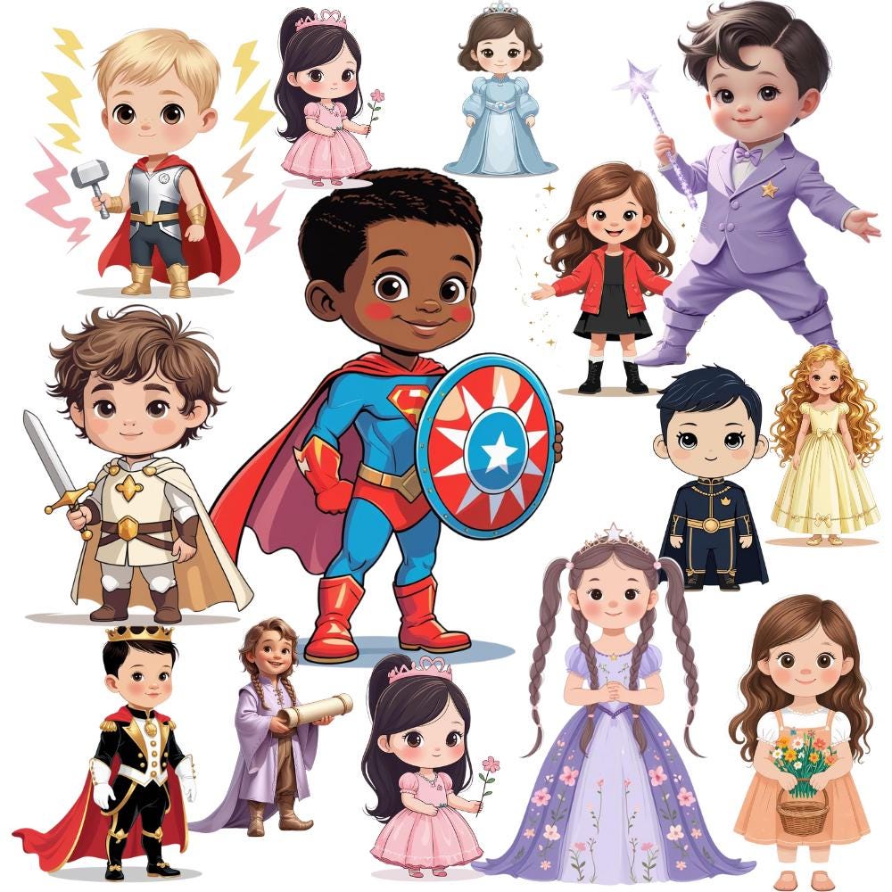 58 Royal Princess  Prince Clipart Bundle  - Cute Cartoon Kids in Fantasy Royal Outfits  Full-Body PNGs for Shirts Cards & Crafts