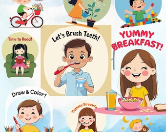 Daily Routine Kids PNG Bundle – 15 Cute Cartoon Children Activities Clipart – Morning to Night Schedule Illustrations for Kids