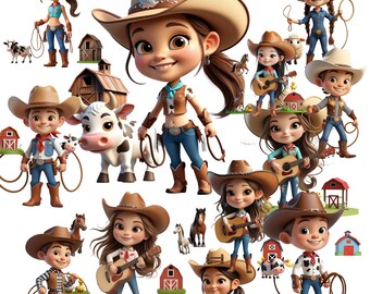 Cowgirl PNG Bundle: Cartoon Western Art, Farm Animals (12 Transparent Files