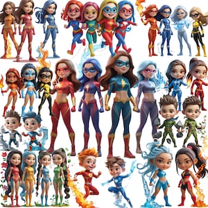 May include: A selection of cartoon superhero characters, both male and female, in various poses. The characters are dressed in colourful costumes with capes and masks, and some have powers like fire, water, and lightning. The overall theme is action and fantasy.