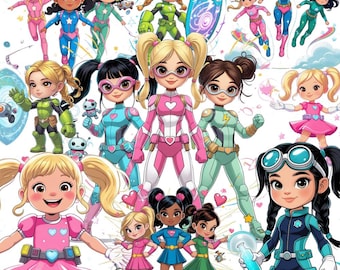 29 Girl Superhero Clipart PNG Bundle  Cute Pink  Green Hero Characters for Kids Shirts, Stickers & Sublimation