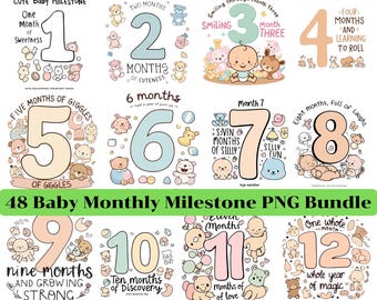Baby Monthly Milestone PNG Bundle: Pastel Numbers & Quotes (Digital Download)