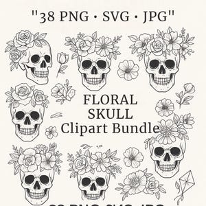 Bloemen schedel clipart bundel, schedel png-ontwerpen, bloemen clipart, bloemen, vlinder graphics, transparante achtergrond, commercieel gebruik