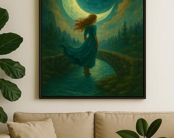 「黄金の航海」 – シュールなファンタジーデジタルウォールアート、浮かぶ紙の船と月、神秘的で夢のような風景の印刷可能