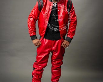 Men’s Red Leather Tracksuit with Black Accents – Bold Streetwear Jogger Set