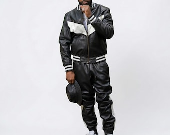 Handmade Sheep Leather Tracksuit: Black & White Jogging Suit