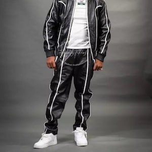 Handmade Sheep Leather Tracksuit: Black & White Jogging Suit