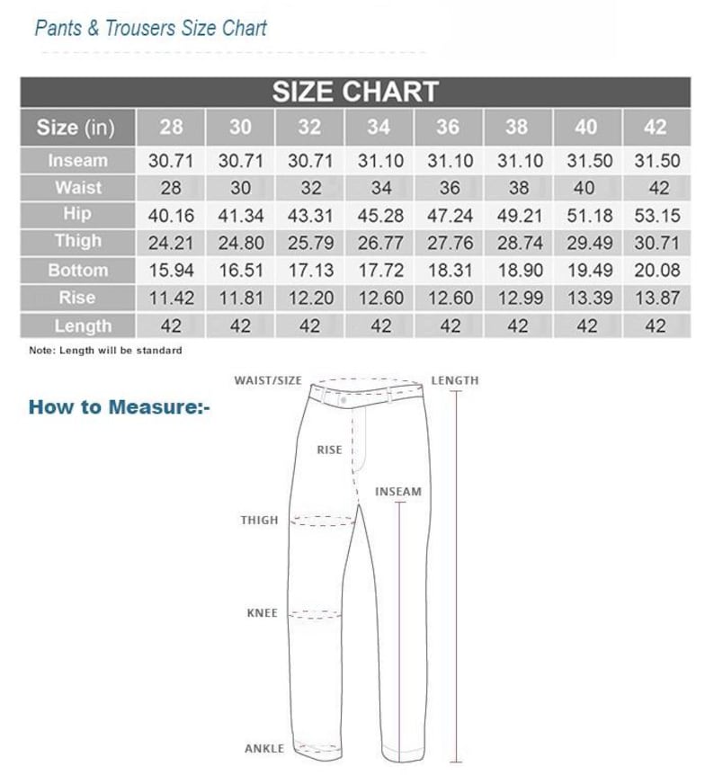 K&ouml;nnte beinhalten: Eine Gr&ouml;&szlig;entabelle f&uuml;r Hosen und Hosen, die Ma&szlig;e in Zoll anzeigt. Die Tabelle enth&auml;lt Gr&ouml;&szlig;en von 28 bis 42 und gibt Auskunft &uuml;ber Schrittl&auml;nge, Taille, H&uuml;fte, Oberschenkel, Saum, Bundh&ouml;he und L&auml;nge. Ein Diagramm zeigt, wie man jeden Teil misst.