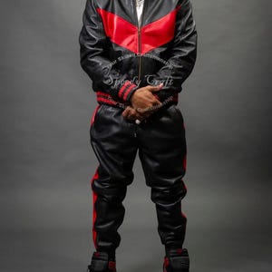 Handmade Sheep Leather Tracksuit: Black and Red Jogging Suit