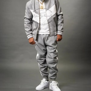 Handmade Sheep Leather Tracksuit: Grey & White Jogging Suit