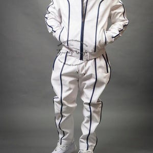 Handmade Sheep Leather Tracksuit: Navy & White Jogging Suit